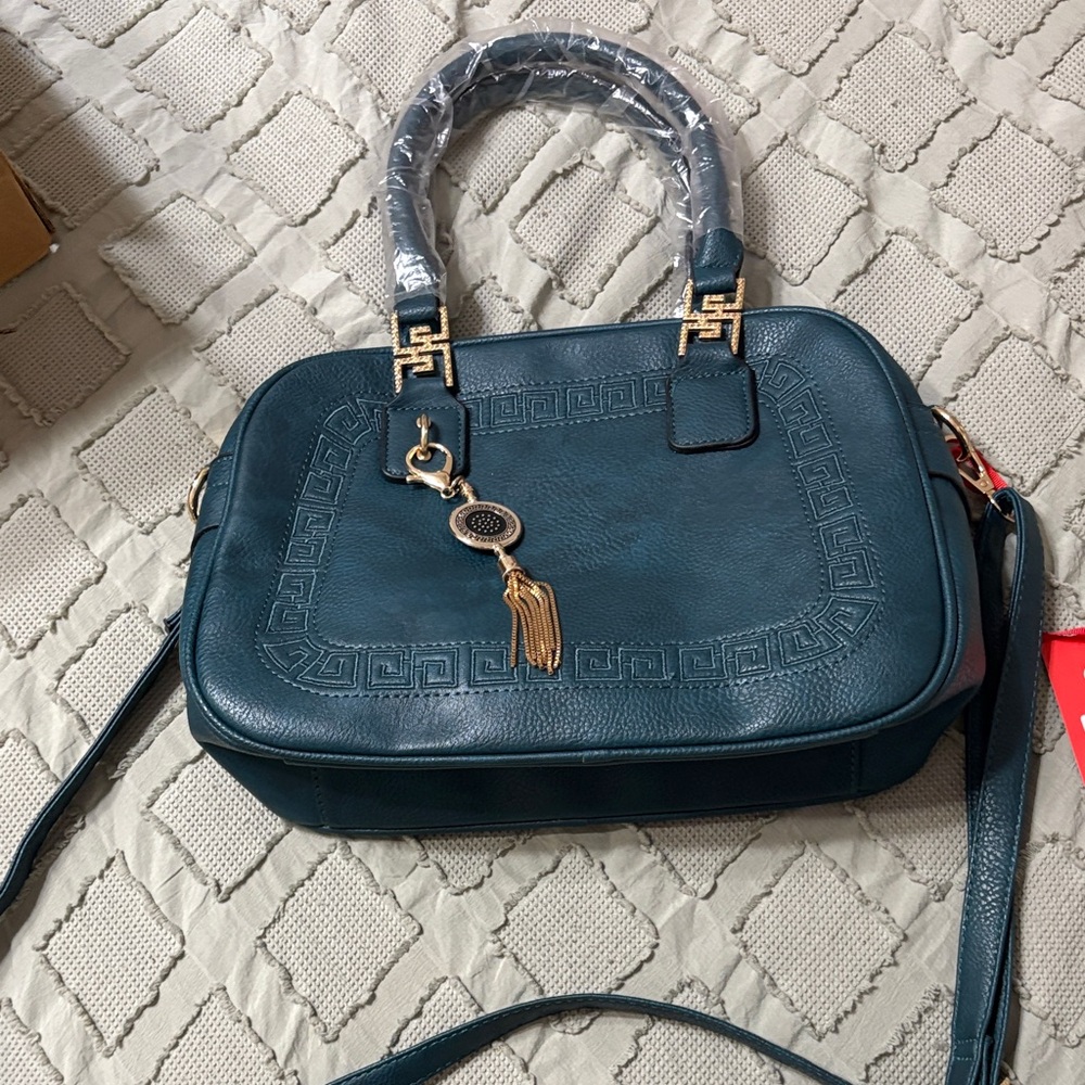 Montana West Teal Satchel with Gold Tassel Charm and detachable crossbody strap